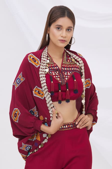 Surily G Maroon Crepe Embroidered Cape Jacket  