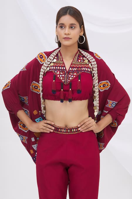 Surily G_Maroon Crepe Embroidered Cape Jacket_at_Aza_Fashions