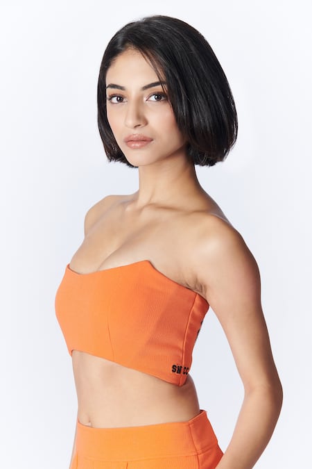 Buy_S&N By Shantnu Nikhil_Orange Embroidery Round Neck Solid Placement Bustier_Online_at_Aza_Fashions