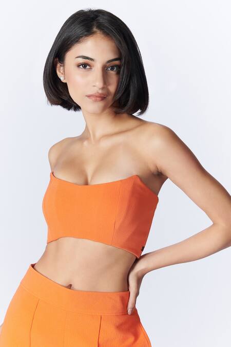 Shop_S&N By Shantnu Nikhil_Orange Embroidery Round Neck Solid Placement Bustier_Online_at_Aza_Fashions