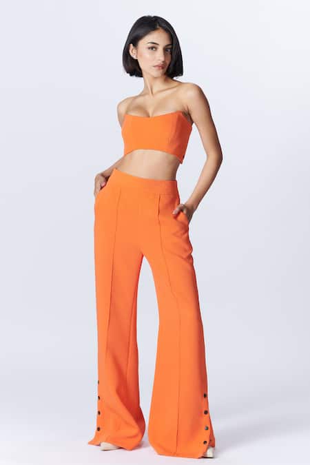 S&N By Shantnu Nikhil_Orange Embroidery Round Neck Solid Placement Bustier_at_Aza_Fashions