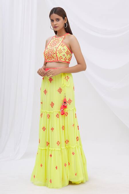 Shop_Surily G_Yellow Crepe, Georgette Embroidered Tiered Lehenga _at_Aza_Fashions