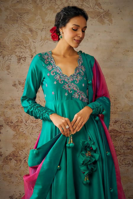 Buy The Aarya Green Viscose, Organza, Chanderi Neckline Embroidered Angrakha Anarkali Set Online at Aza Fashions Buy_The Aarya_Green Viscose, Organza, Chanderi Neckline Embroidered Angrakha Anarkali Set _Online_at_Aza_Fashions