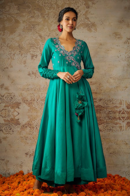 Shop The Aarya Green Viscose, Organza, Chanderi Neckline Embroidered Angrakha Anarkali Set Online at Aza Fashions Shop_The Aarya_Green Viscose, Organza, Chanderi Neckline Embroidered Angrakha Anarkali Set _Online_at_Aza_Fashions