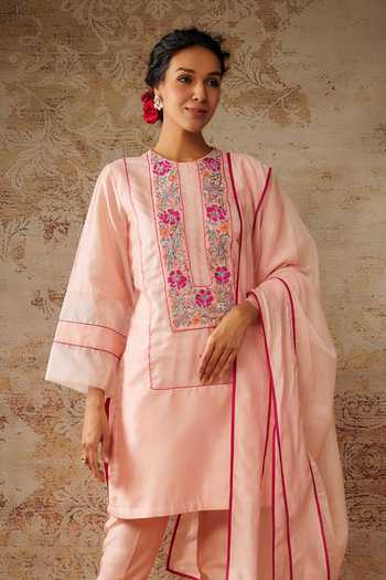 The Aarya_Peach Viscose, Chanderi, Organza Embroidery Round Neck Zardozi Kurta Pant Set _Online_at_Aza_Fashions