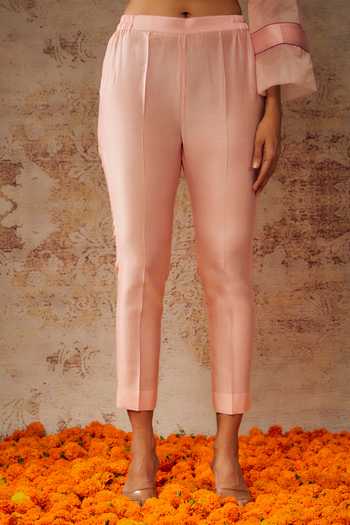 Buy_The Aarya_Peach Viscose, Chanderi, Organza Embroidery Round Neck Zardozi Kurta Pant Set _Online_at_Aza_Fashions