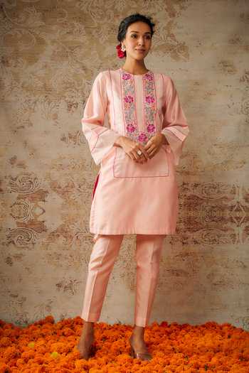Shop_The Aarya_Peach Viscose, Chanderi, Organza Embroidery Round Neck Zardozi Kurta Pant Set _Online_at_Aza_Fashions