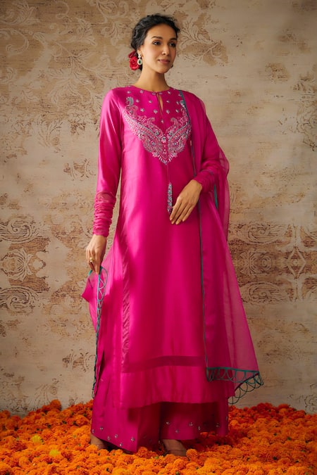 Buy Pink Pure Handwoven Chanderi Glass Bead Paisley Yoke Kurta Palazzo ...