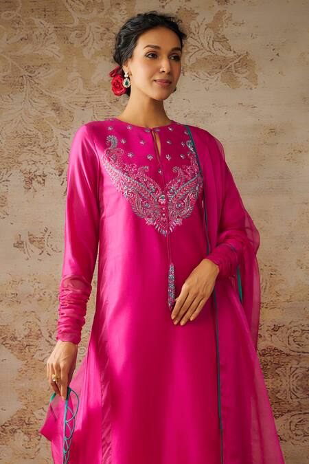 Buy_The Aarya_Pink Viscose, Chanderi, Organza Sequins, Paisley Yoke Kurta Palazzo Set _Online_at_Aza_Fashions