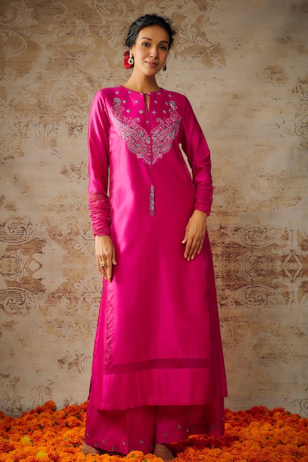 Shop_The Aarya_Pink Viscose, Chanderi, Organza Sequins, Paisley Yoke Kurta Palazzo Set _Online_at_Aza_Fashions