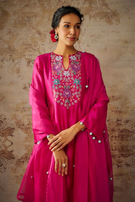 Buy_The Aarya_Pink Viscose, Chanderi, Organza Sequins, Resham Anarkali Palazzo Set _Online_at_Aza_Fashions