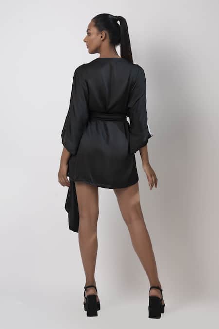 Shop House Of Varada Black Satin Lace Round Neck Placement Hand Embroidered Dress With Belt at Aza Fashions Shop_House Of Varada_Black Satin Lace Round Neck Placement Hand Embroidered Dress With Belt _at_Aza_Fashions