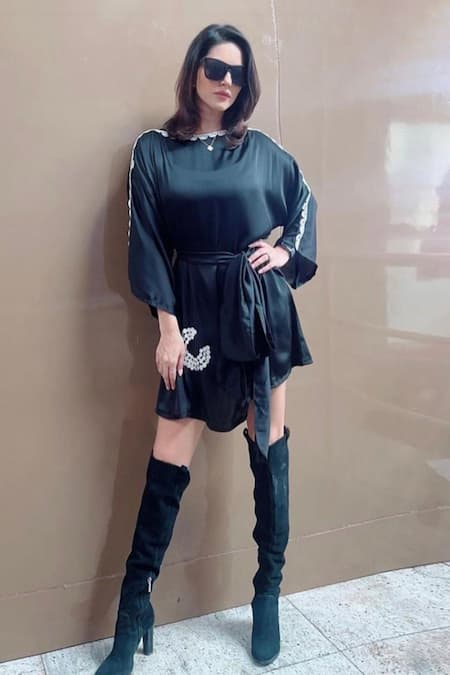 Shop House Of Varada Black Satin Lace Round Neck Placement Hand Embroidered Dress With Belt Online at Aza Fashions Shop_House Of Varada_Black Satin Lace Round Neck Placement Hand Embroidered Dress With Belt _Online_at_Aza_Fashions