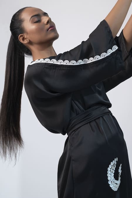 Buy House Of Varada Black Satin Lace Round Neck Placement Hand Embroidered Dress With Belt Online at Aza Fashions Buy_House Of Varada_Black Satin Lace Round Neck Placement Hand Embroidered Dress With Belt _Online_at_Aza_Fashions