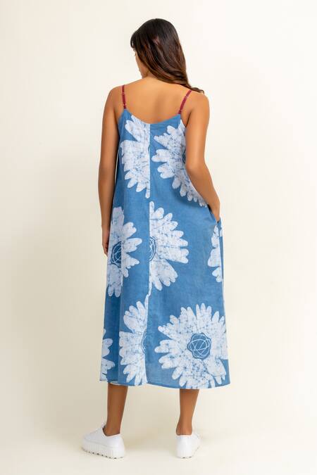 Shop_Doodlage_Blue Cotton Sweetheart Neck Batik Floral Print Dress _Online_at_Aza_Fashions