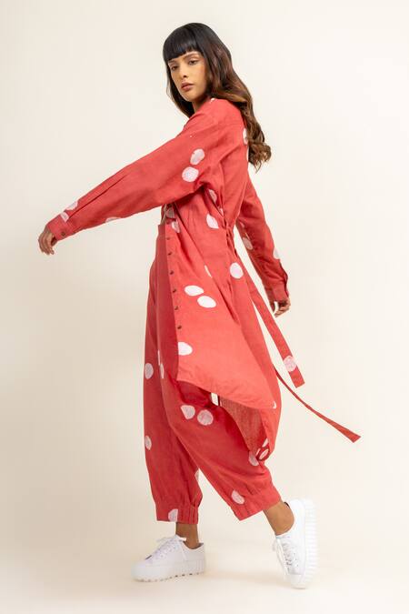 Shop Doodlage Peach Upcycled Cotton Print Polka Dot Collared Neck Batik Tunic With Belt Online at Aza Fashions Shop_Doodlage_Peach Upcycled Cotton Print Polka Dot Collared Neck Batik Tunic With Belt _Online_at_Aza_Fashions