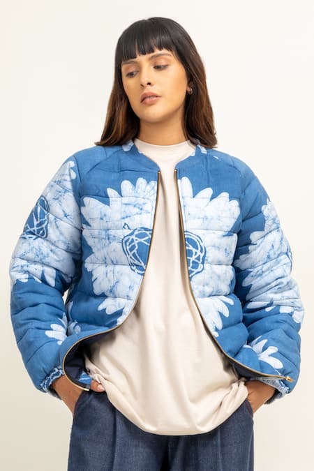 Doodlage_Blue Cotton Round Neck Batik Floral Print Bomber Jacket _Online_at_Aza_Fashions