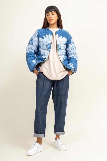 Buy_Doodlage_Blue Cotton Round Neck Batik Floral Print Bomber Jacket _Online_at_Aza_Fashions