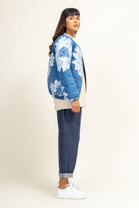 Shop_Doodlage_Blue Cotton Round Neck Batik Floral Print Bomber Jacket _Online_at_Aza_Fashions