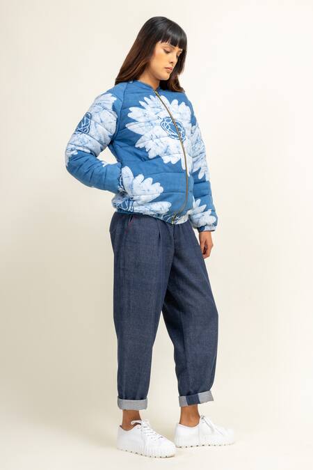 Doodlage_Blue Cotton Round Neck Batik Floral Print Bomber Jacket _at_Aza_Fashions