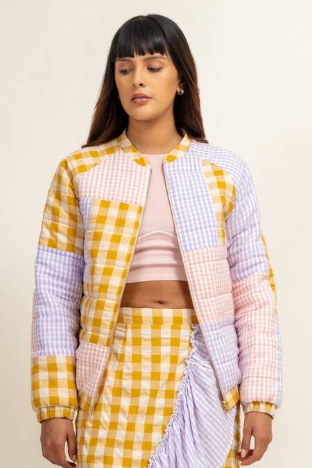 Doodlage_Multi Color Upcycled Cotton Chequered Round Collar Pattern Jacket_Online_at_Aza_Fashions