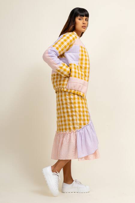 Buy_Doodlage_Multi Color Upcycled Cotton Chequered Round Collar Pattern Jacket_Online_at_Aza_Fashions