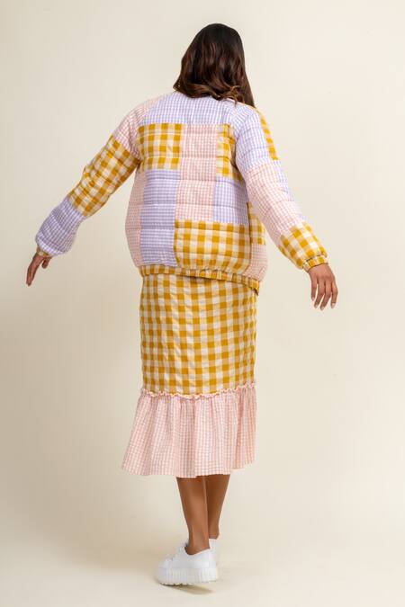 Shop_Doodlage_Multi Color Upcycled Cotton Chequered Round Collar Pattern Jacket_Online_at_Aza_Fashions