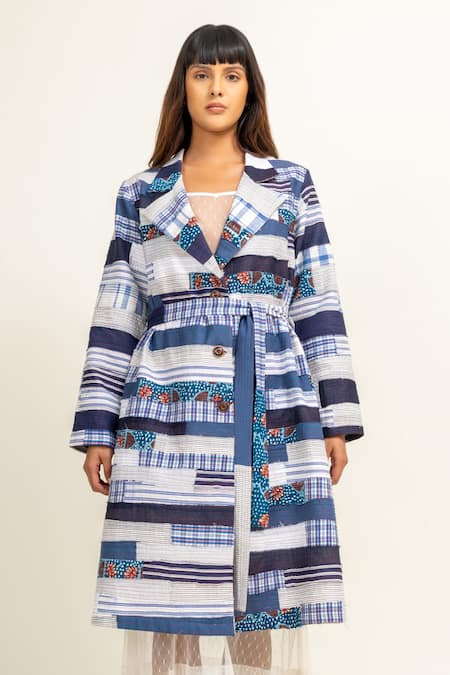 Buy_Doodlage_Blue Cotton Patchwork Collared Contrast Work Trench Jacket _Online_at_Aza_Fashions