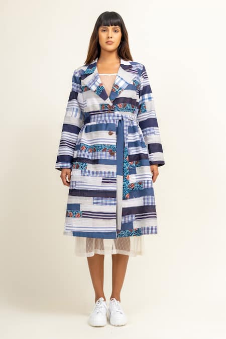 Shop_Doodlage_Blue Cotton Patchwork Collared Contrast Work Trench Jacket _Online_at_Aza_Fashions
