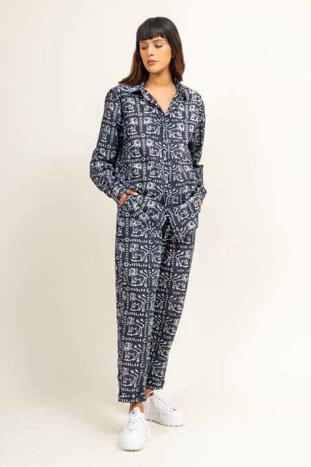 Buy_Doodlage_Black Cotton Collared Batik Lion Print Shirt With Pant _Online_at_Aza_Fashions
