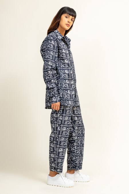 Shop_Doodlage_Black Cotton Collared Batik Lion Print Shirt With Pant _Online_at_Aza_Fashions