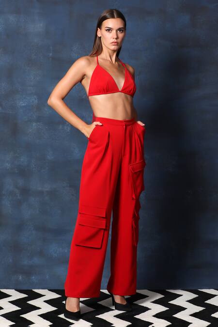 Swatee Singh Red Crepe Plunge Neck Bikini Top And Cargo Pant Set Online at Aza Fashions Swatee Singh_Red Crepe Plunge Neck Bikini Top And Cargo Pant Set _Online_at_Aza_Fashions