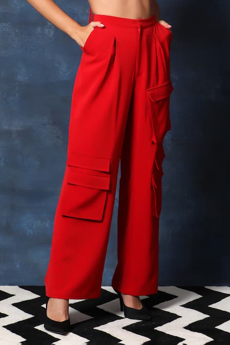 Buy Swatee Singh Red Crepe Plunge Neck Bikini Top And Cargo Pant Set Online at Aza Fashions Buy_Swatee Singh_Red Crepe Plunge Neck Bikini Top And Cargo Pant Set _Online_at_Aza_Fashions
