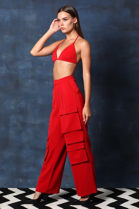 Shop Swatee Singh Red Crepe Plunge Neck Bikini Top And Cargo Pant Set Online at Aza Fashions Shop_Swatee Singh_Red Crepe Plunge Neck Bikini Top And Cargo Pant Set _Online_at_Aza_Fashions