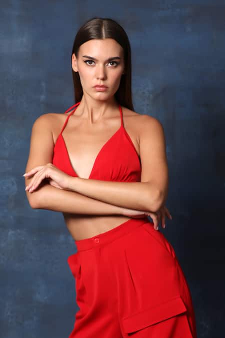 Swatee Singh Red Crepe Plunge Neck Bikini Top And Cargo Pant Set at Aza Fashions Swatee Singh_Red Crepe Plunge Neck Bikini Top And Cargo Pant Set _at_Aza_Fashions