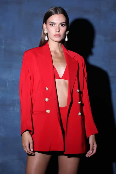 Shop Swatee Singh Red Crepe Heavy Blazer And Shorts Set Online at Aza Fashions Shop_Swatee Singh_Red Crepe Heavy Blazer And Shorts Set _Online_at_Aza_Fashions