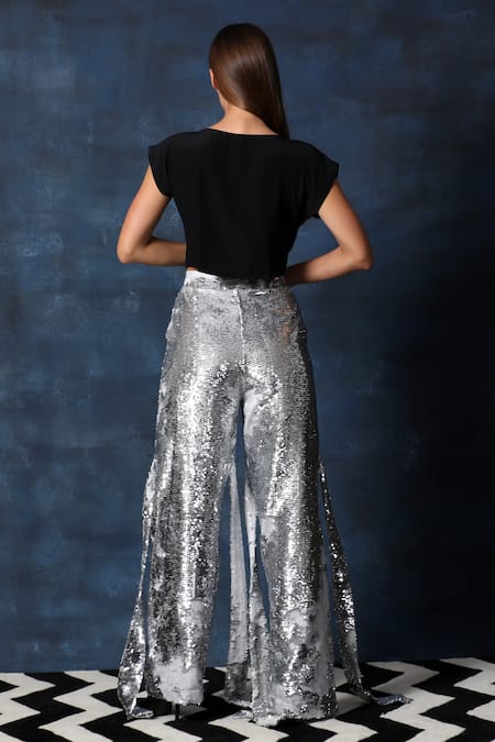 Shop_Swatee Singh_Black Crepe Sequins Round Neck Crop Top And Flared Pant _at_Aza_Fashions
