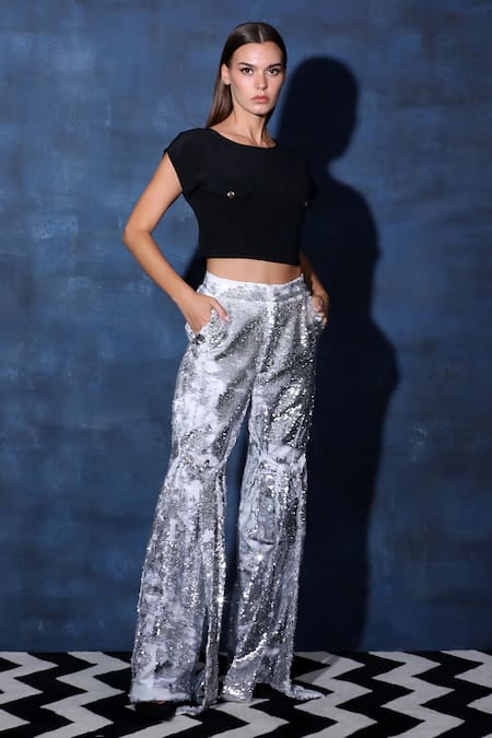 Swatee Singh_Black Crepe Sequins Round Neck Crop Top And Flared Pant _Online_at_Aza_Fashions
