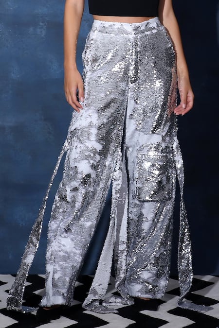 Swatee Singh_Black Crepe Sequins Round Neck Crop Top And Flared Pant _at_Aza_Fashions