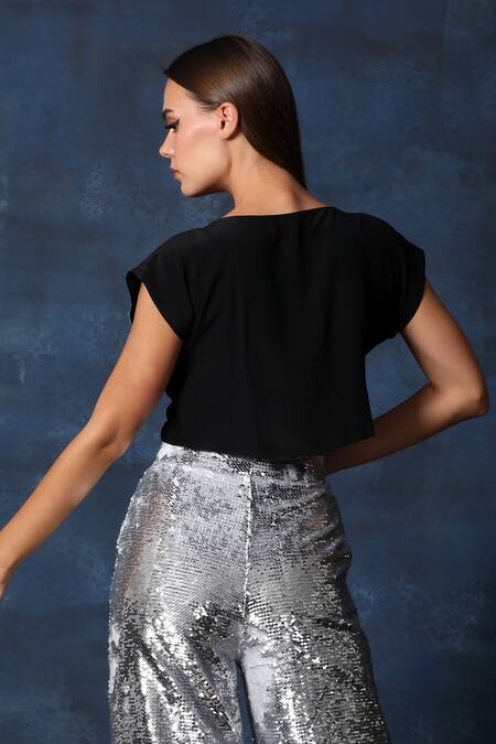 Buy_Swatee Singh_Black Crepe Sequins Round Neck Crop Top And Flared Pant 