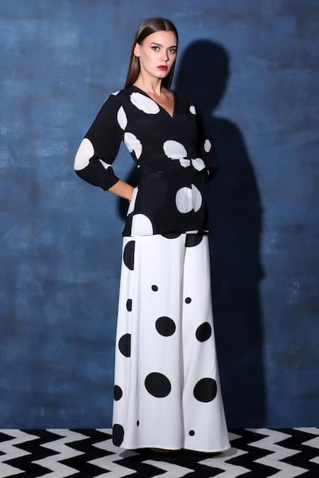 Swatee Singh Black Heavy Crepe Polka Dot V Neck Wrapover Top And Flared Pant Set 