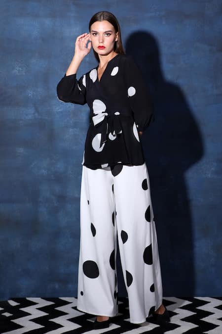 Shop_Swatee Singh_Black Crepe V-neck Wrapover Top And Flared Pant Set _Online_at_Aza_Fashions