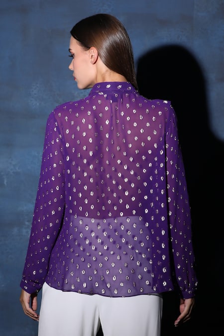 Shop Swatee Singh Purple Georgette Embroidery Collared Textured Button Down Shirt at Aza Fashions Shop_Swatee Singh_Purple Georgette Embroidery Collared Textured Button Down Shirt _at_Aza_Fashions