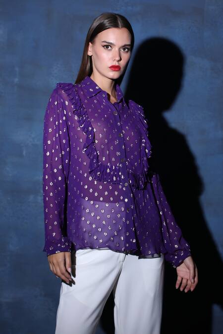 Swatee Singh Purple Georgette Embroidery Collared Textured Button Down Shirt Online at Aza Fashions Swatee Singh_Purple Georgette Embroidery Collared Textured Button Down Shirt _Online_at_Aza_Fashions