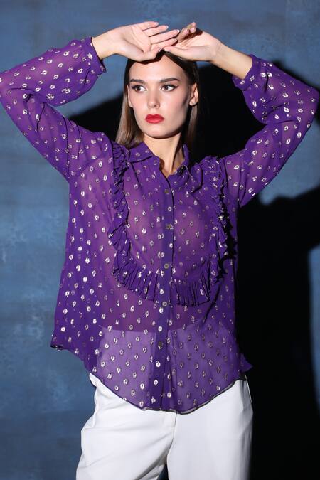 Buy Swatee Singh Purple Georgette Embroidery Collared Textured Button Down Shirt Online at Aza Fashions Buy_Swatee Singh_Purple Georgette Embroidery Collared Textured Button Down Shirt _Online_at_Aza_Fashions