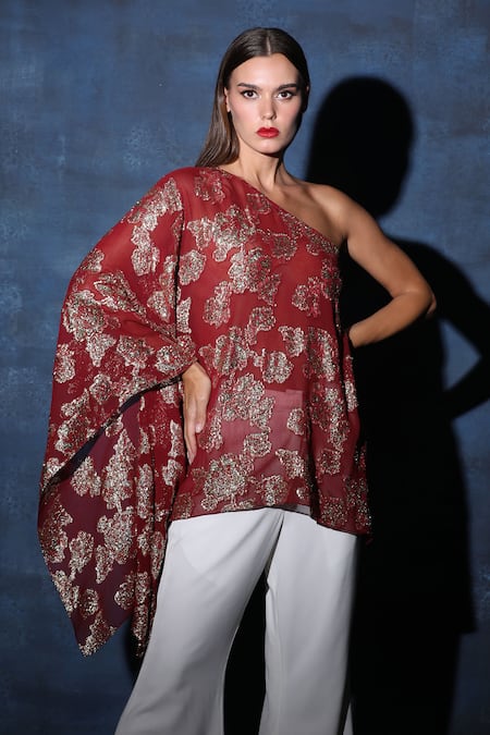 Shop Swatee Singh Red Georgette Embroidery One Shoulder Asymmetric Flared Top at Aza Fashions Shop_Swatee Singh_Red Georgette Embroidery One Shoulder Asymmetric Flared Top _at_Aza_Fashions