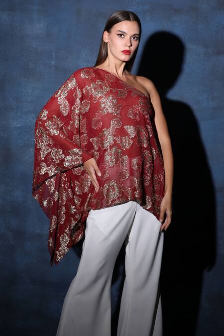 Swatee Singh Red Georgette Embroidery One Shoulder Asymmetric Flared Top Online at Aza Fashions Swatee Singh_Red Georgette Embroidery One Shoulder Asymmetric Flared Top _Online_at_Aza_Fashions