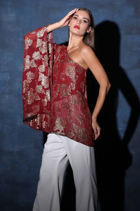 Shop Swatee Singh Red Georgette Embroidery One Shoulder Asymmetric Flared Top Online at Aza Fashions Shop_Swatee Singh_Red Georgette Embroidery One Shoulder Asymmetric Flared Top _Online_at_Aza_Fashions