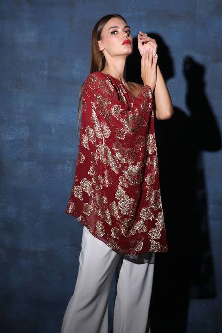 Swatee Singh Red Georgette Embroidery One Shoulder Asymmetric Flared Top at Aza Fashions Swatee Singh_Red Georgette Embroidery One Shoulder Asymmetric Flared Top _at_Aza_Fashions