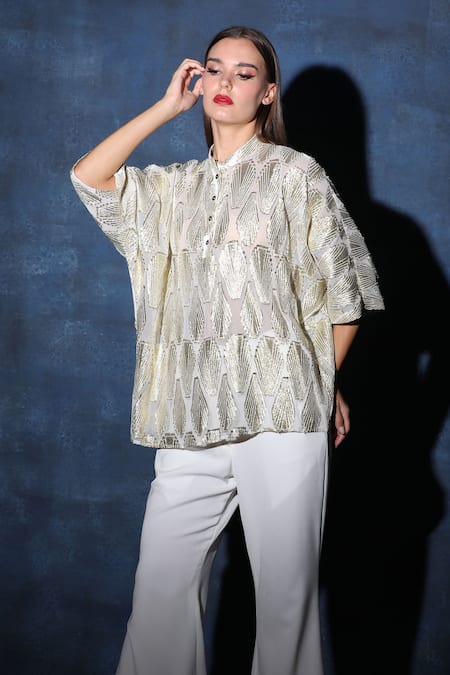 Swatee Singh Beige Georgette Zari Collared Oversized Shirt Top Online at Aza Fashions Swatee Singh_Beige Georgette Zari Collared Oversized Shirt Top _Online_at_Aza_Fashions